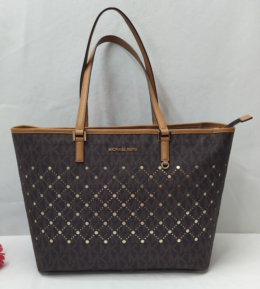 Michael Kors Jet Set Brown Perforated Leather Double Handles Large Tote Bag